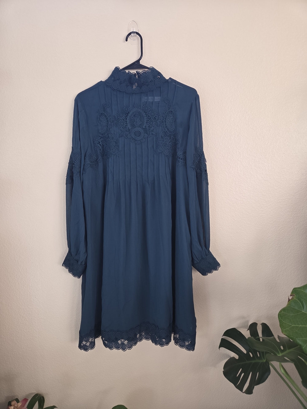 TRISH SCULLY Long-Sleeve Lace-Trim High Neck Dress in Teal